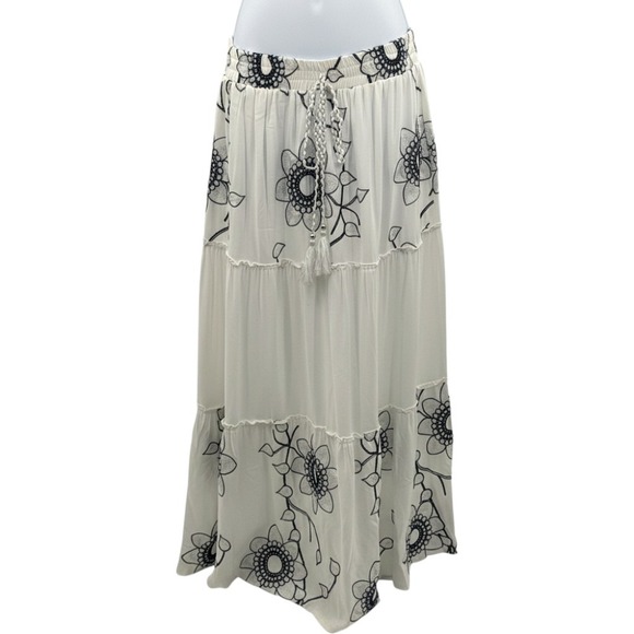 Mermaid Fashion Dresses & Skirts - Mermaid Fashion White Floral Embroidered Tiered Maxi Skirt Navy Silver Boho L